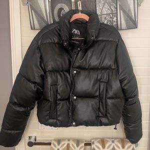 Zara black faux leather puffer